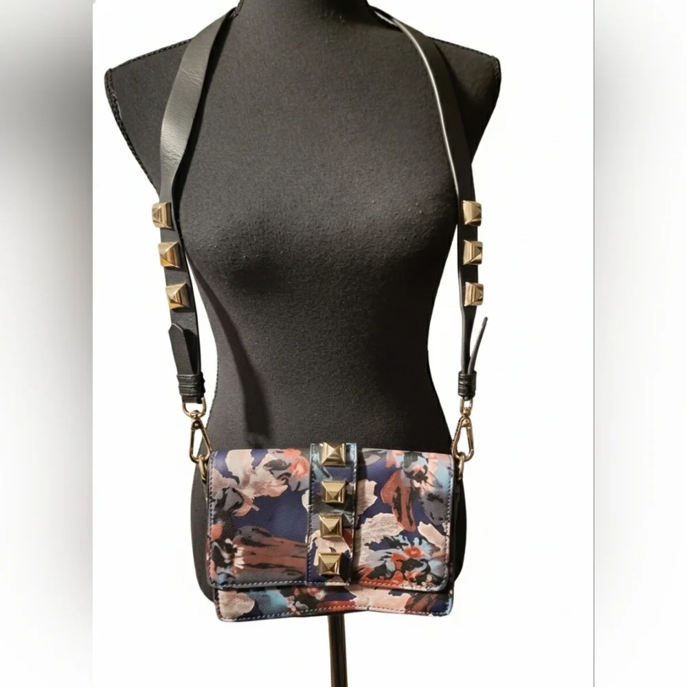 Steve Madden Black Floral Crossbody Bag with Gold Studs